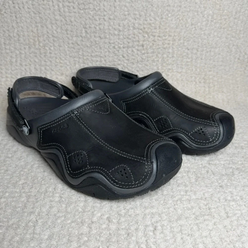 Crocs Men's Swiftwater Leather Clogs Black Gray Adjustable Strap Shoes Size 12